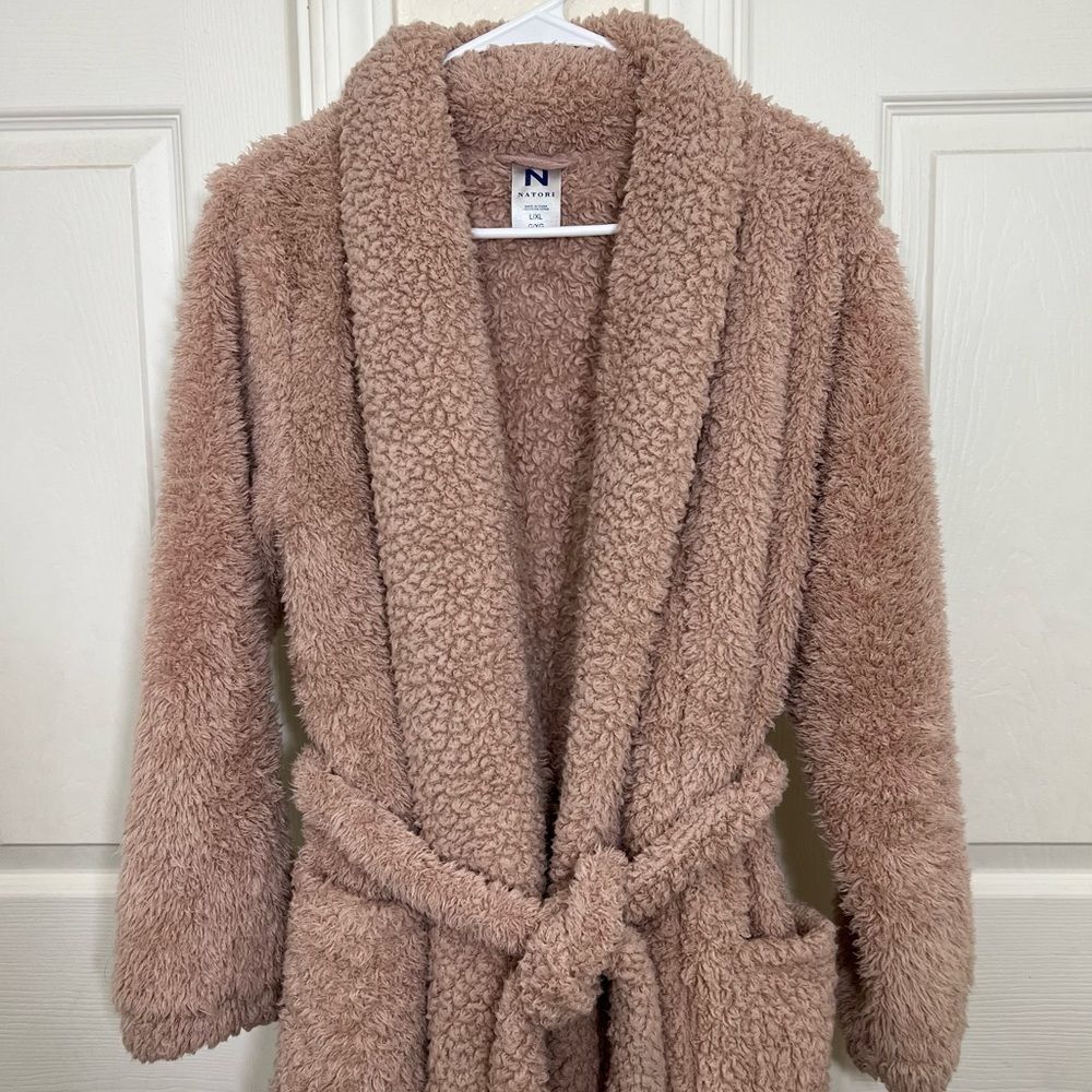 Natori Plush Lounge Cardigan Robe Fuzzy Teddy Sherpa in Rose Size L/XL - Picture 7 of 13